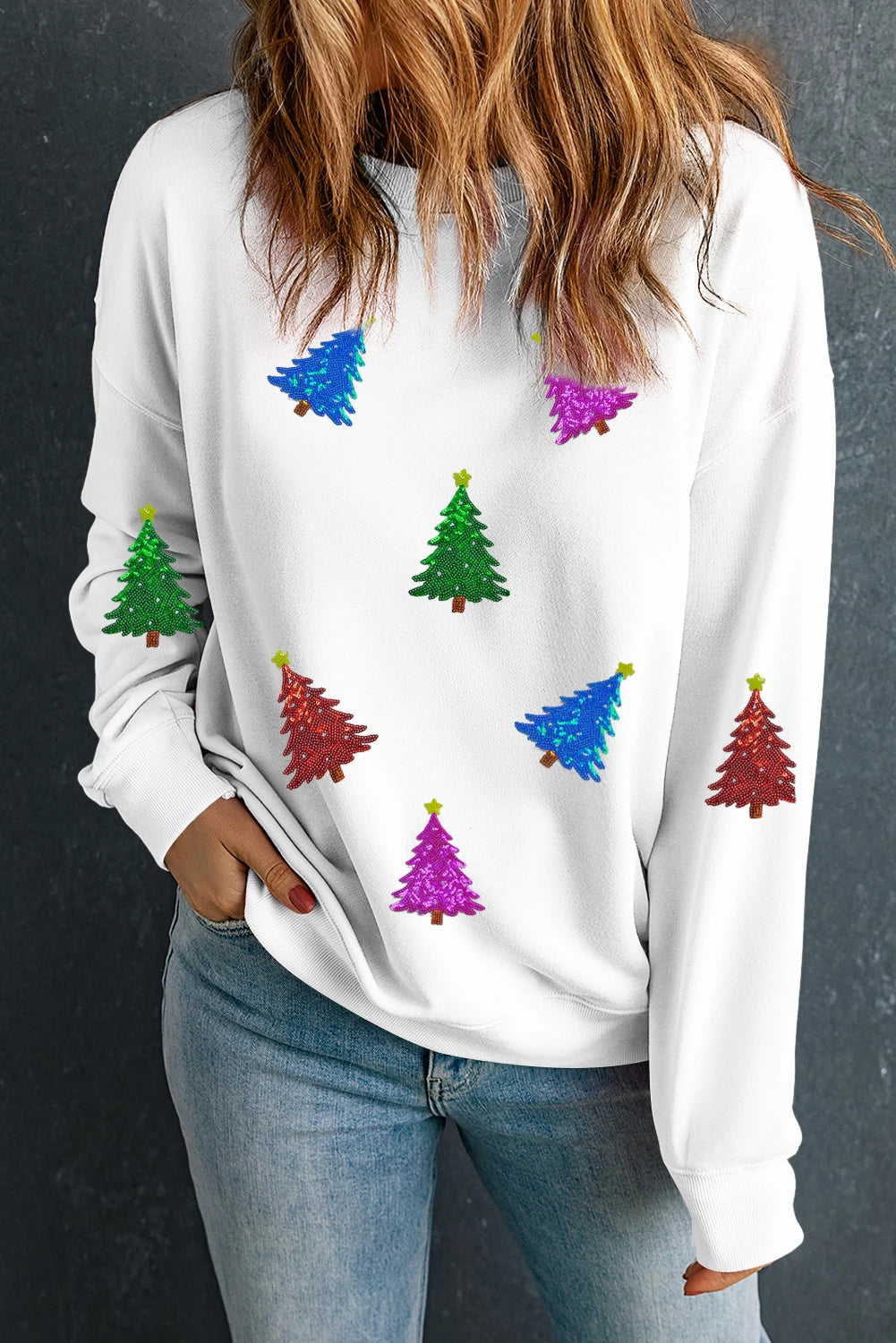 White Shiny Christmas Tree Patched Patterned Festive Sweatshirt