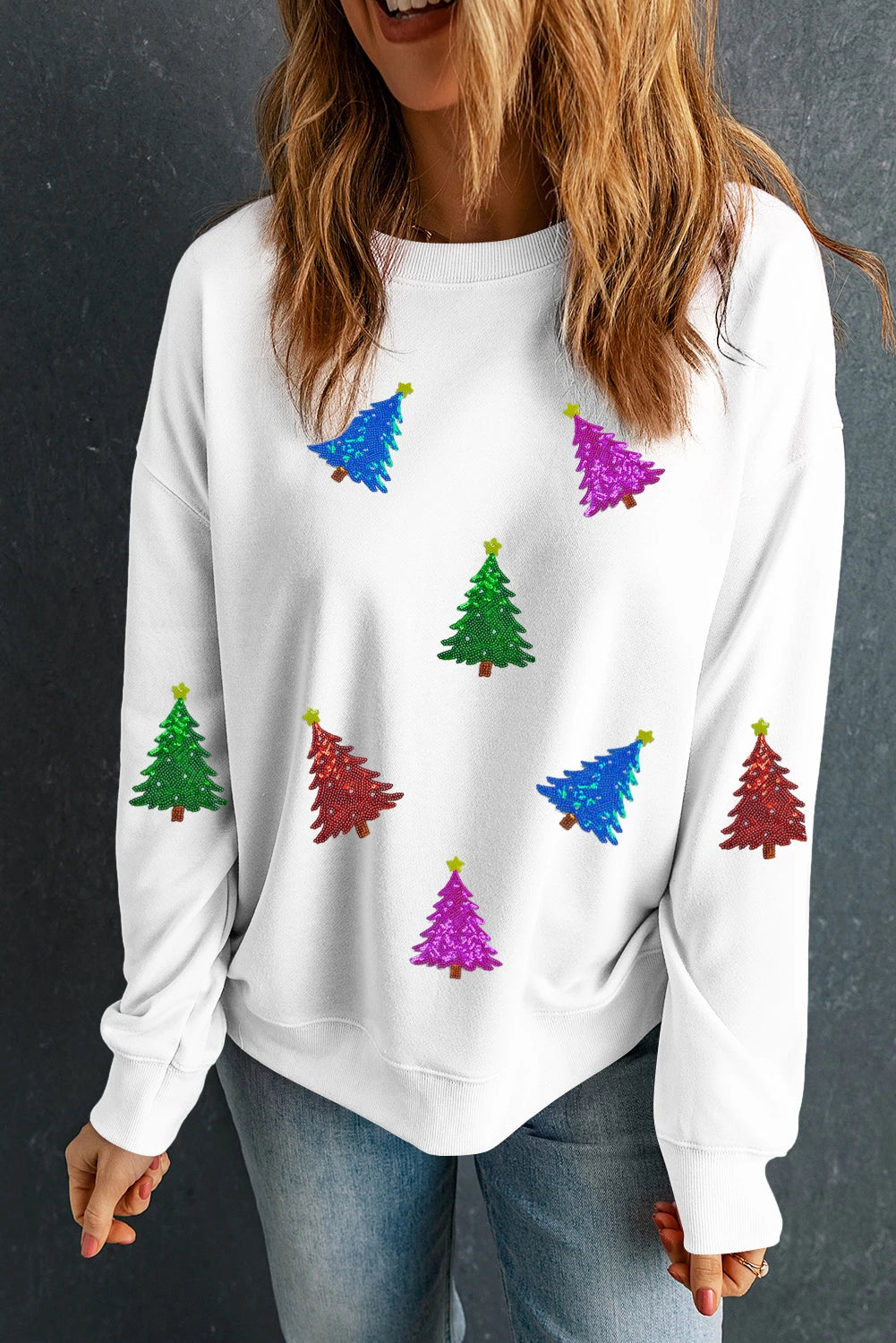 White Shiny Christmas Tree Patched Patterned Festive Sweatshirt