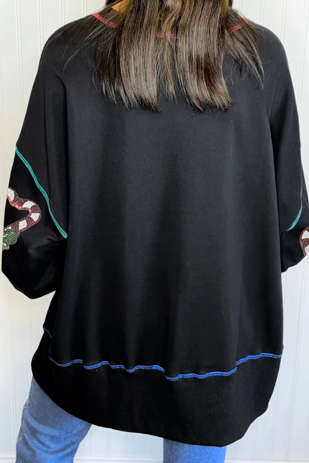 Black Christmas Candy Cane Heart Sequin Patch Graphic Contrast Seam Baggy Sweatshirt