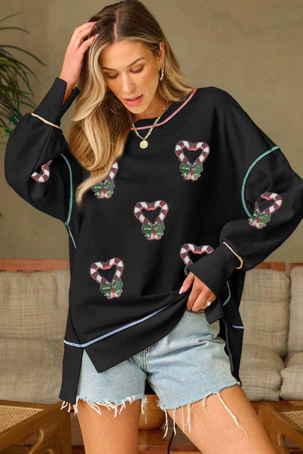 Black Christmas Candy Cane Heart Sequin Patch Graphic Contrast Seam Baggy Sweatshirt