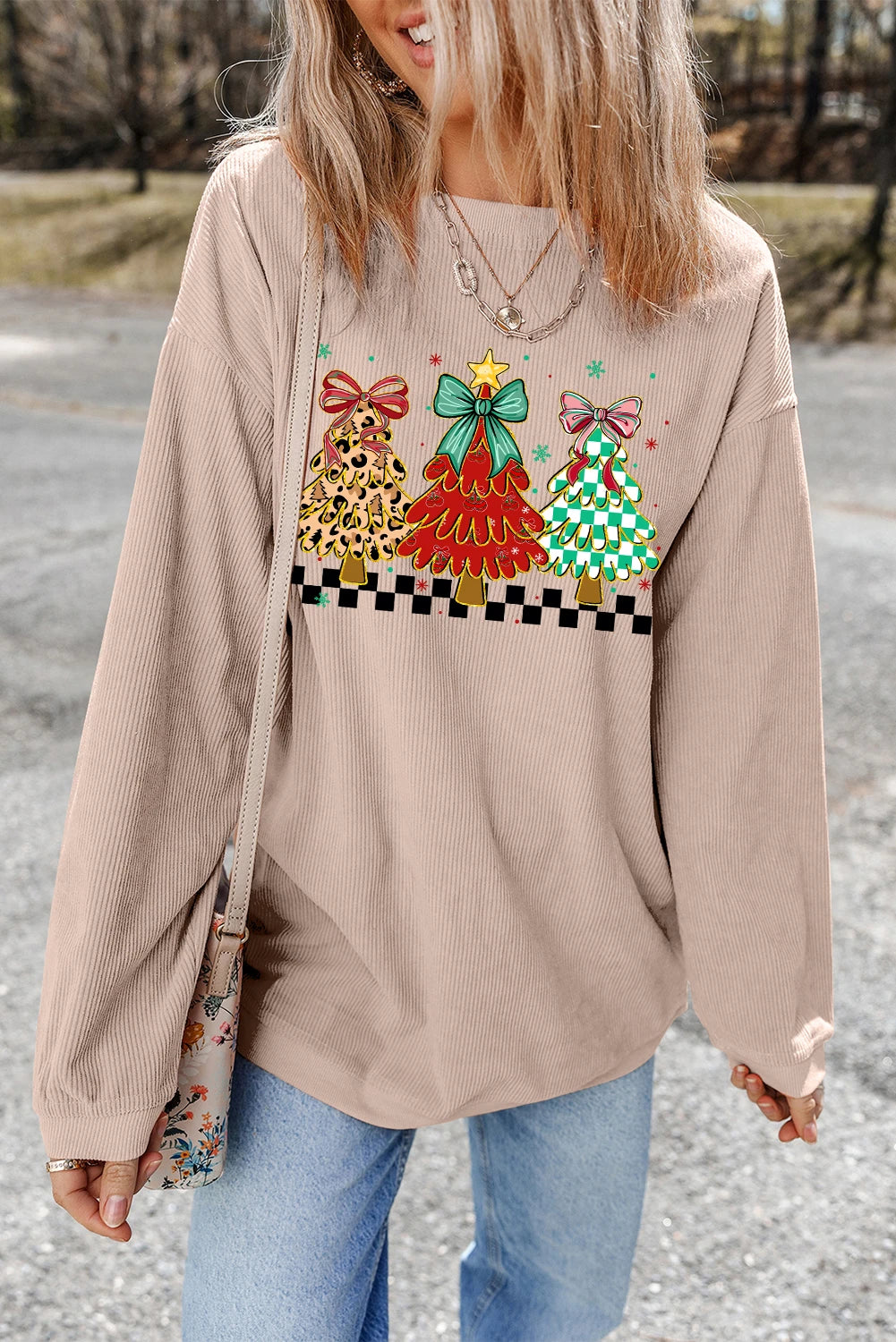 Apricot Christmas Tree Holiday Corded Tunic Sweatshirt