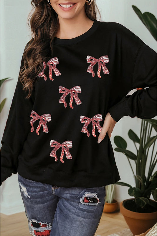 Black Christmas Fashion Sequin Ribbon Bow Patched Drop Shoulder Sweatshirt