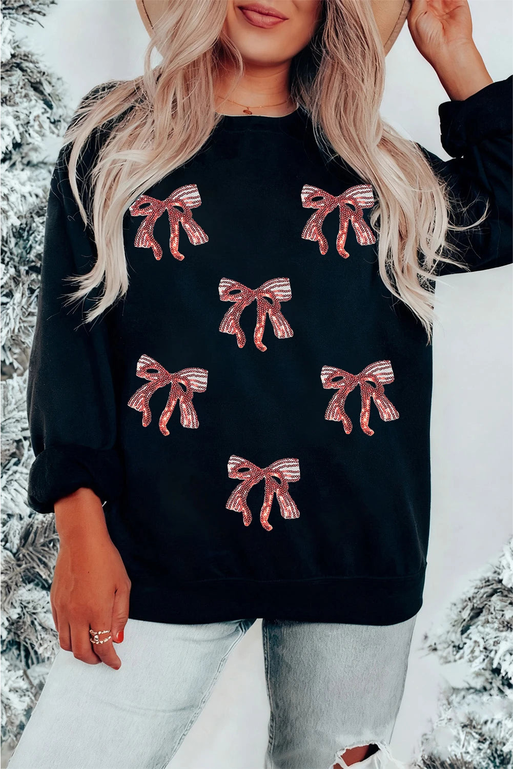 Black Christmas Fashion Sequin Ribbon Bow Patched Drop Shoulder Sweatshirt