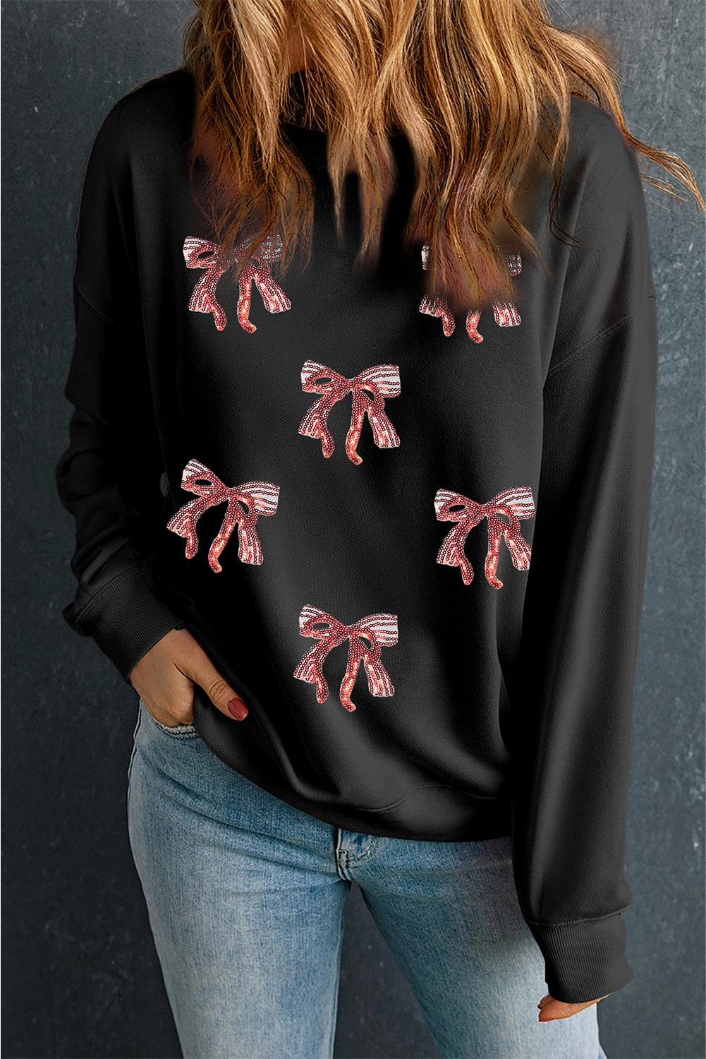 Black Christmas Fashion Sequin Ribbon Bow Patched Drop Shoulder Sweatshirt