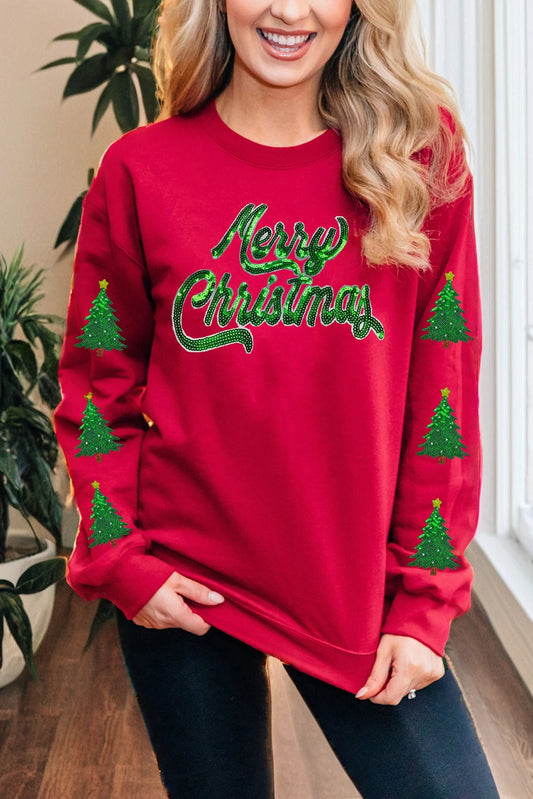 Red Shimmering Merry Christmas Tree Patched Pattern Festive Sweatshirt