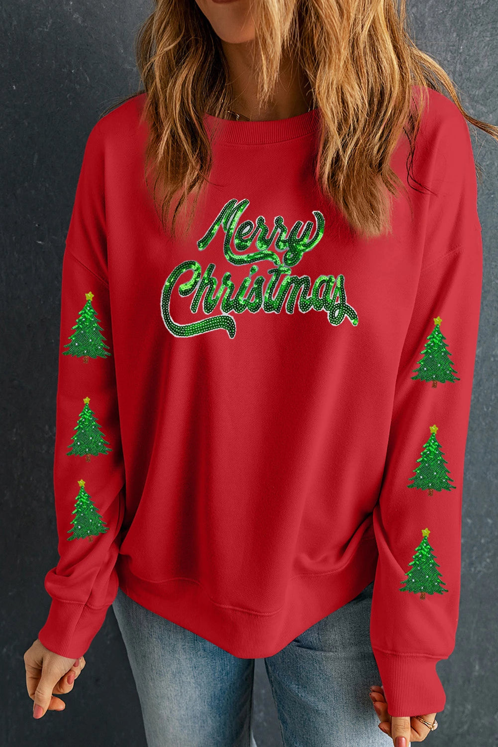 Red Shimmering Merry Christmas Tree Patched Pattern Festive Sweatshirt