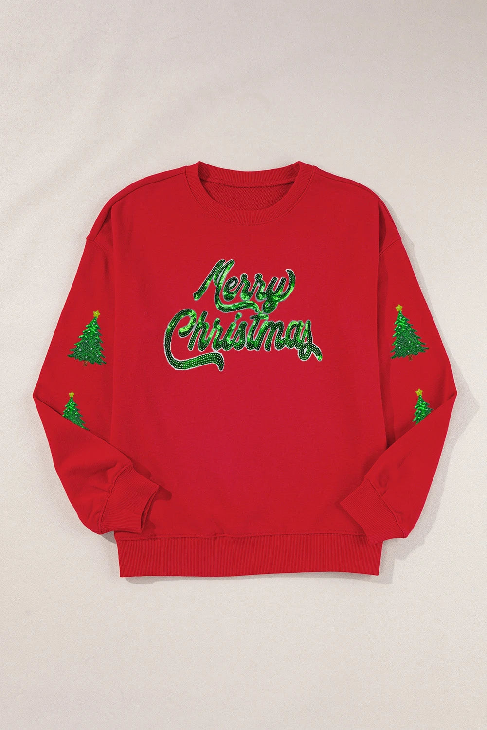 Red Shimmering Merry Christmas Tree Patched Pattern Festive Sweatshirt