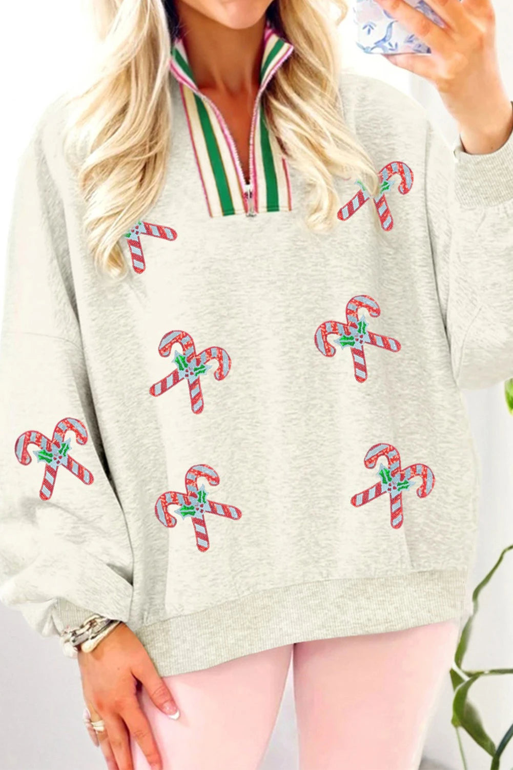 Light Grey Sequin Candy Canes Contrast Collar Patchwork Loose Sweatshirt