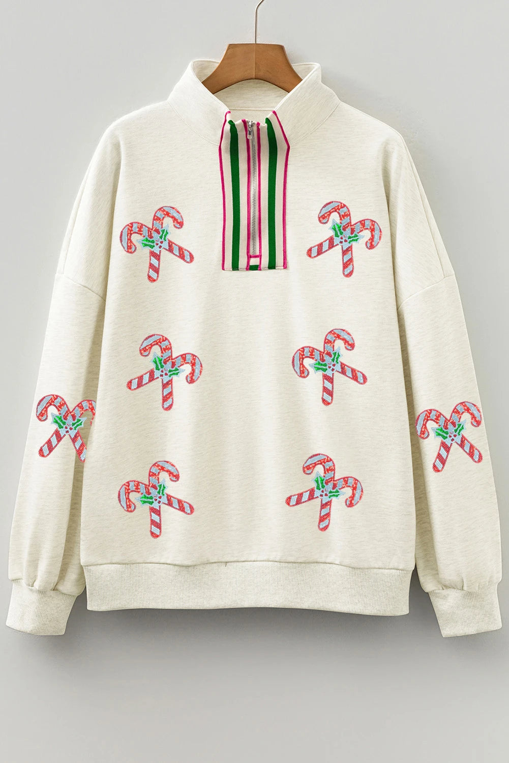 Light Grey Sequin Candy Canes Contrast Collar Patchwork Loose Sweatshirt