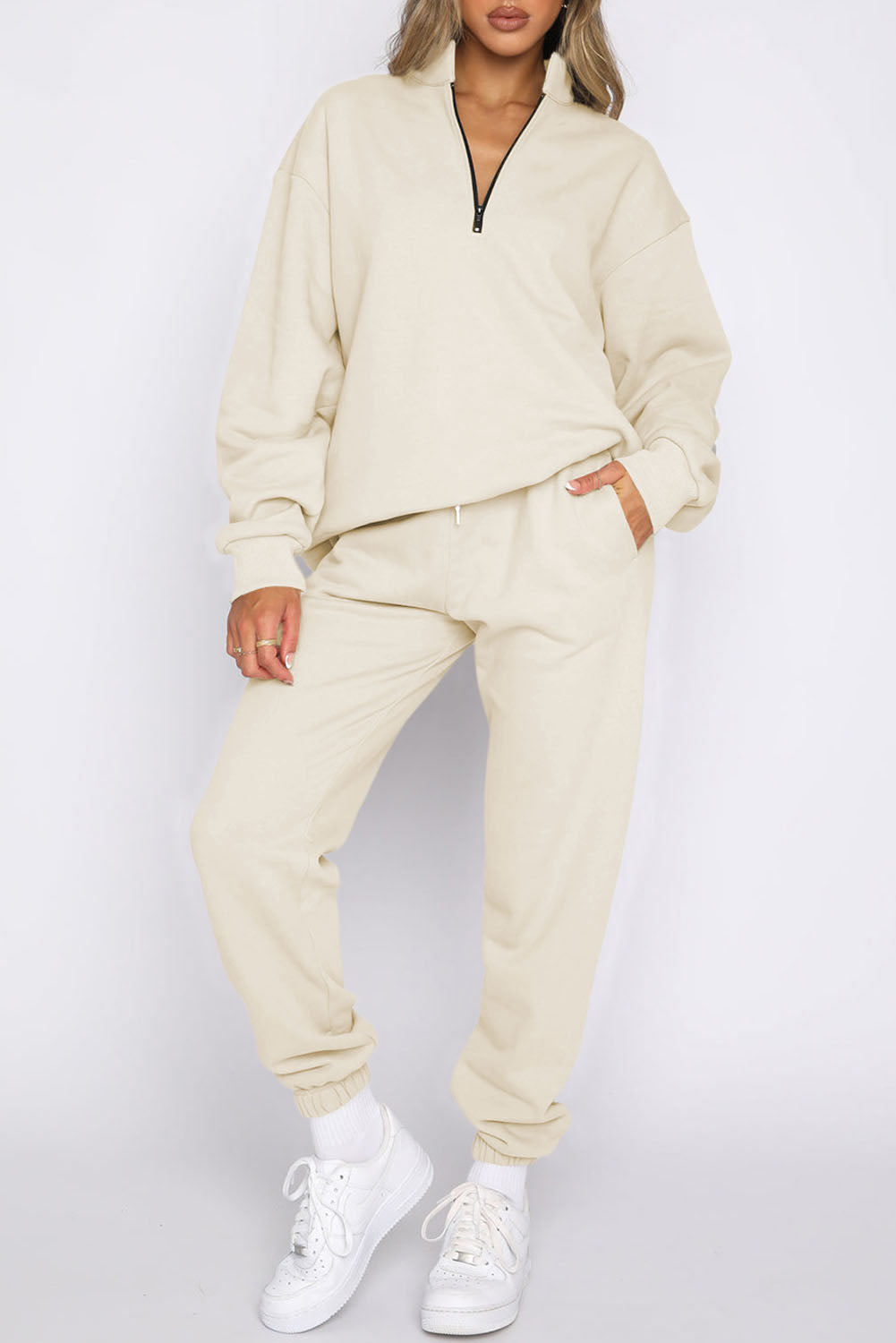 White Zip Up Stand Collar Slouchy Two-piece Outfit