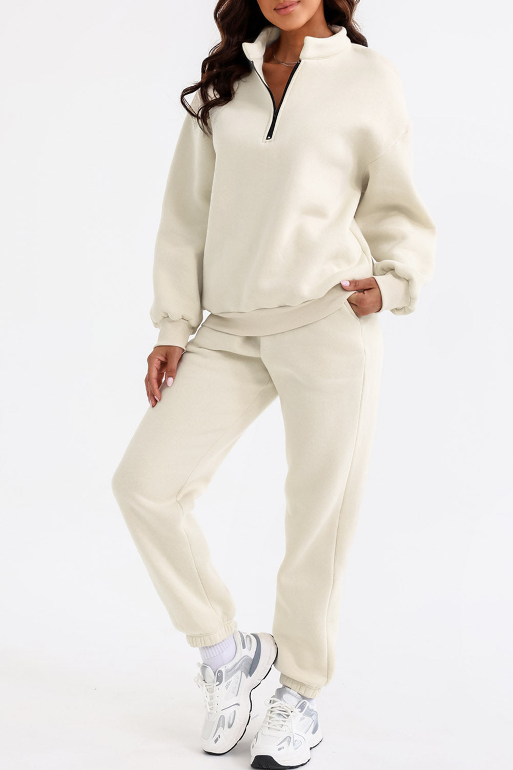White Zip Up Stand Collar Slouchy Two-piece Outfit