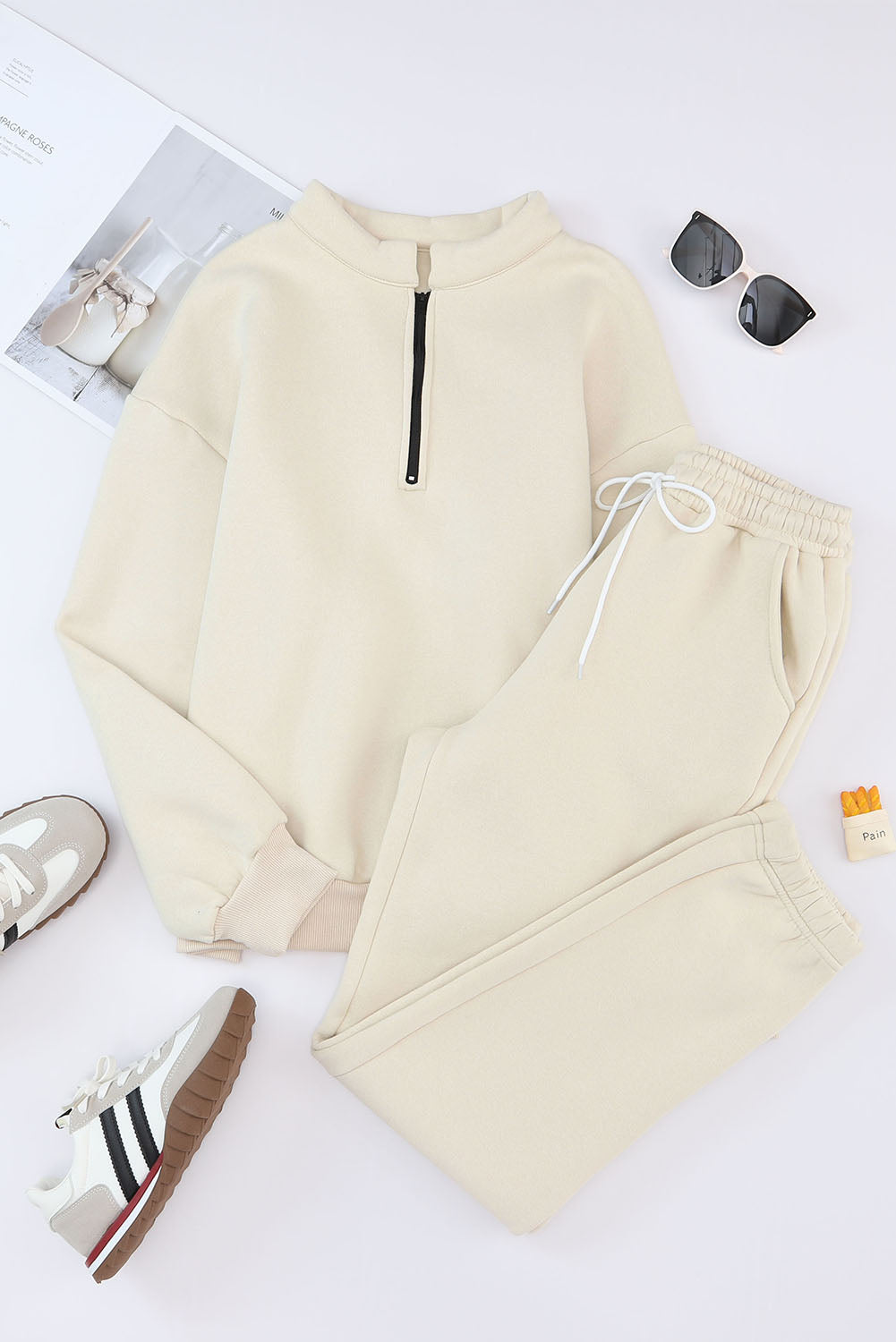 White Zip Up Stand Collar Slouchy Two-piece Outfit