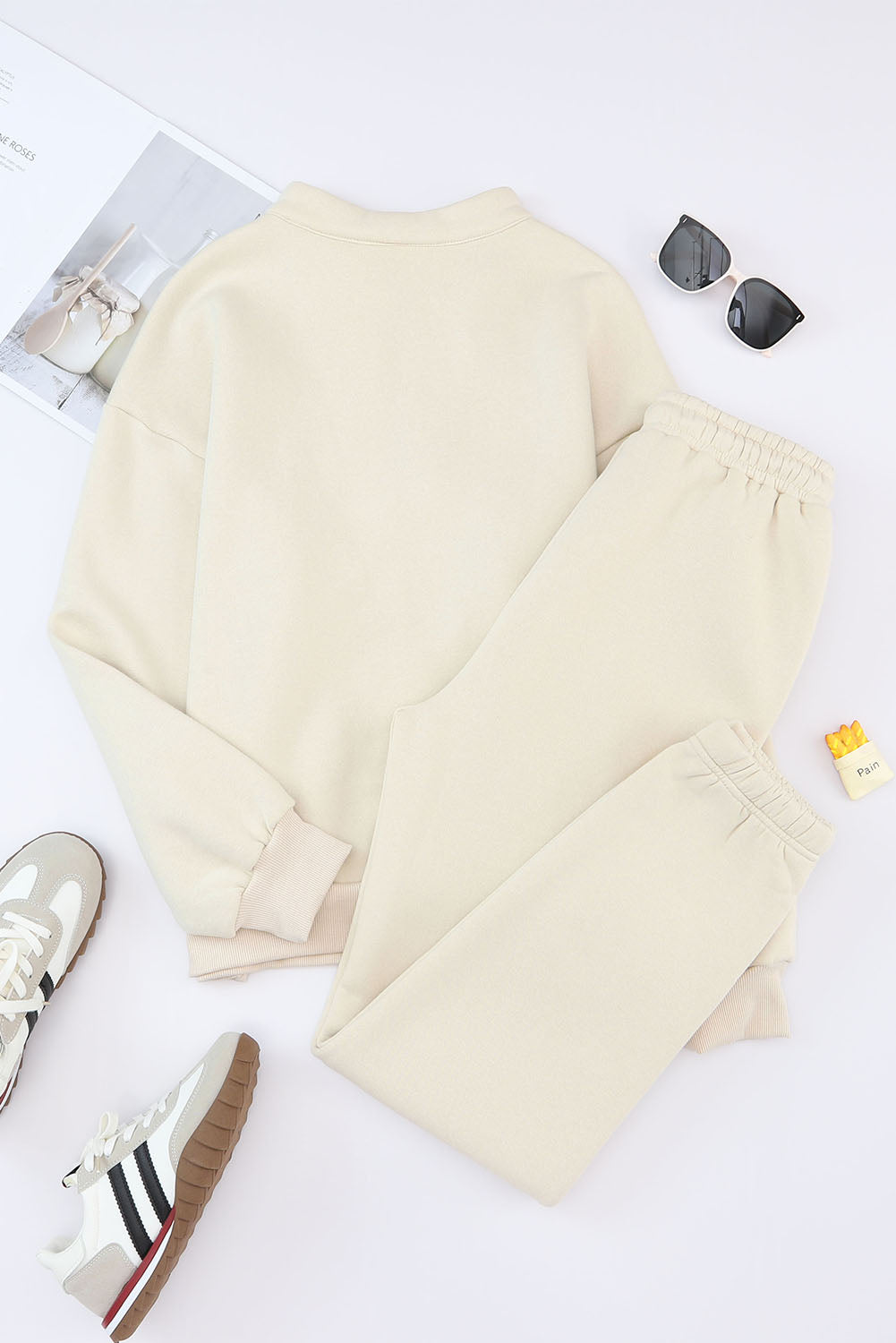 White Zip Up Stand Collar Slouchy Two-piece Outfit