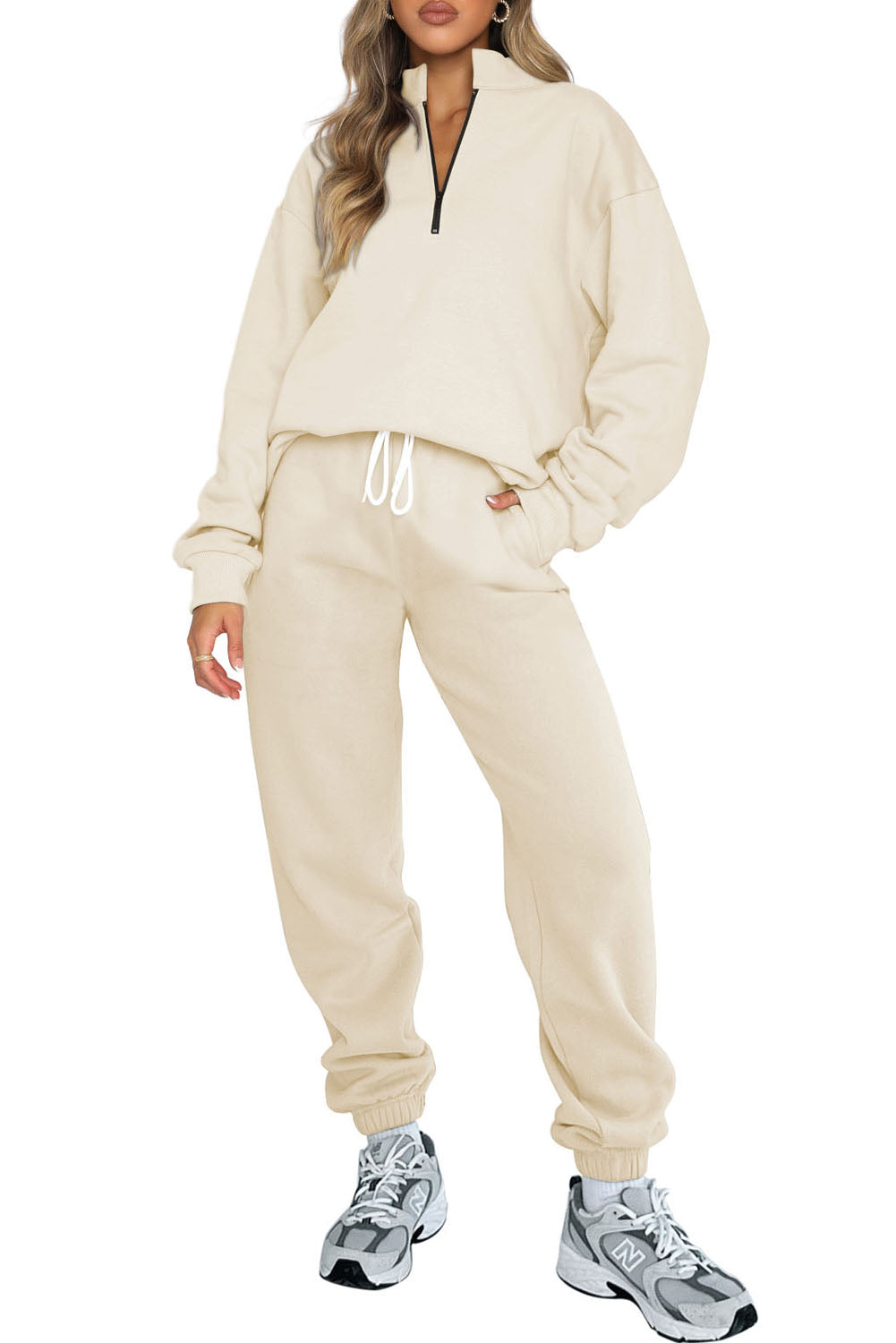 White Zip Up Stand Collar Slouchy Two-piece Outfit