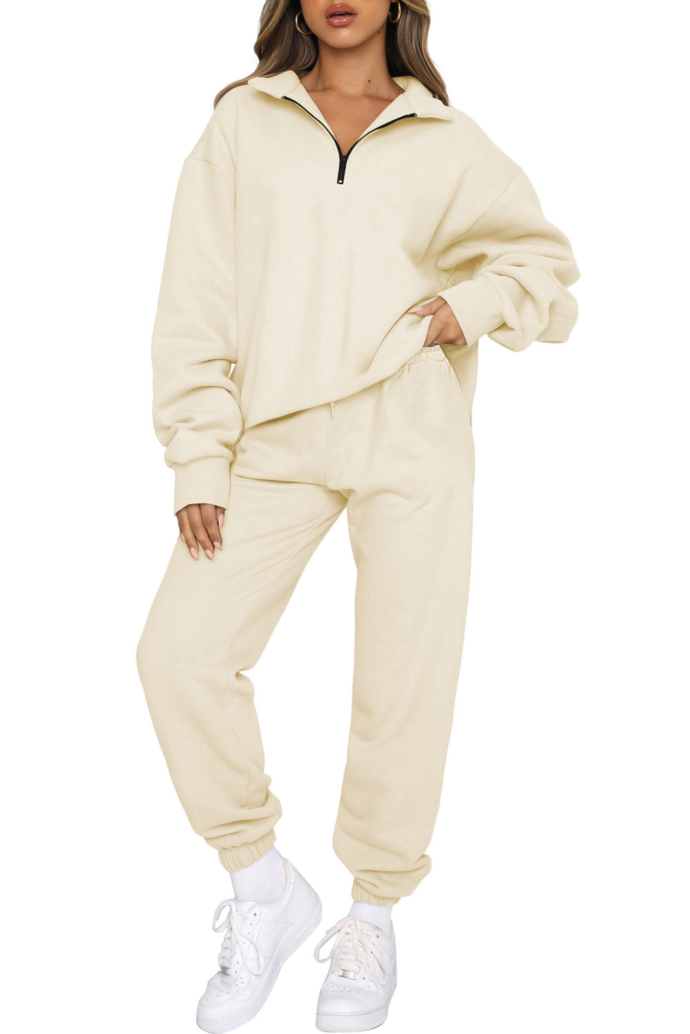 White Zip Up Stand Collar Slouchy Two-piece Outfit