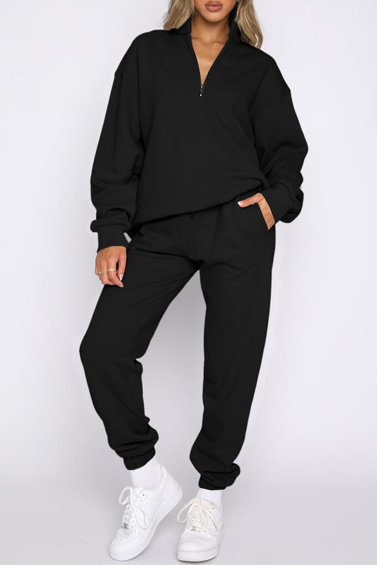 Black Zip Up Stand Collar Slouchy Two-piece Outfit