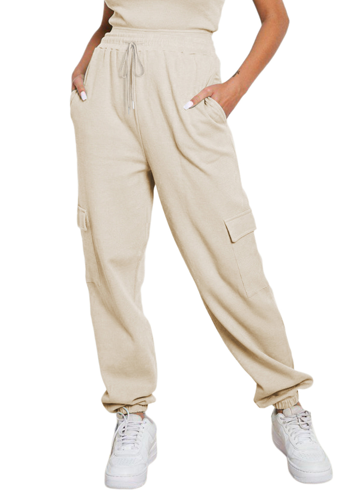 Beige Drawstring Elastic Waist Pull-on Casual Pants with Pockets