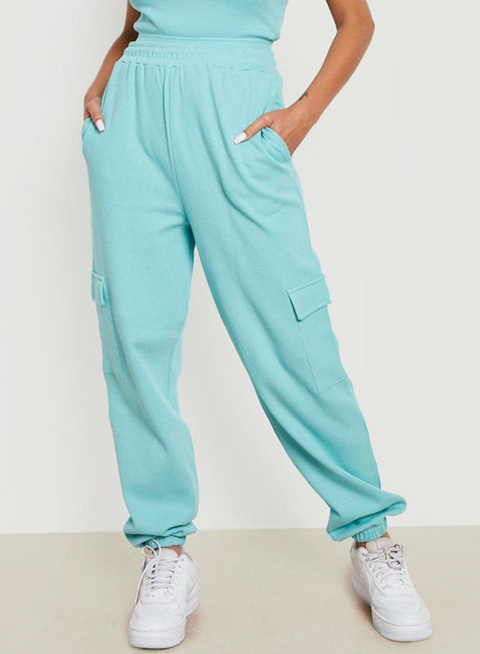 Blue Drawstring Elastic Waist Pull-on Casual Pants with Pockets