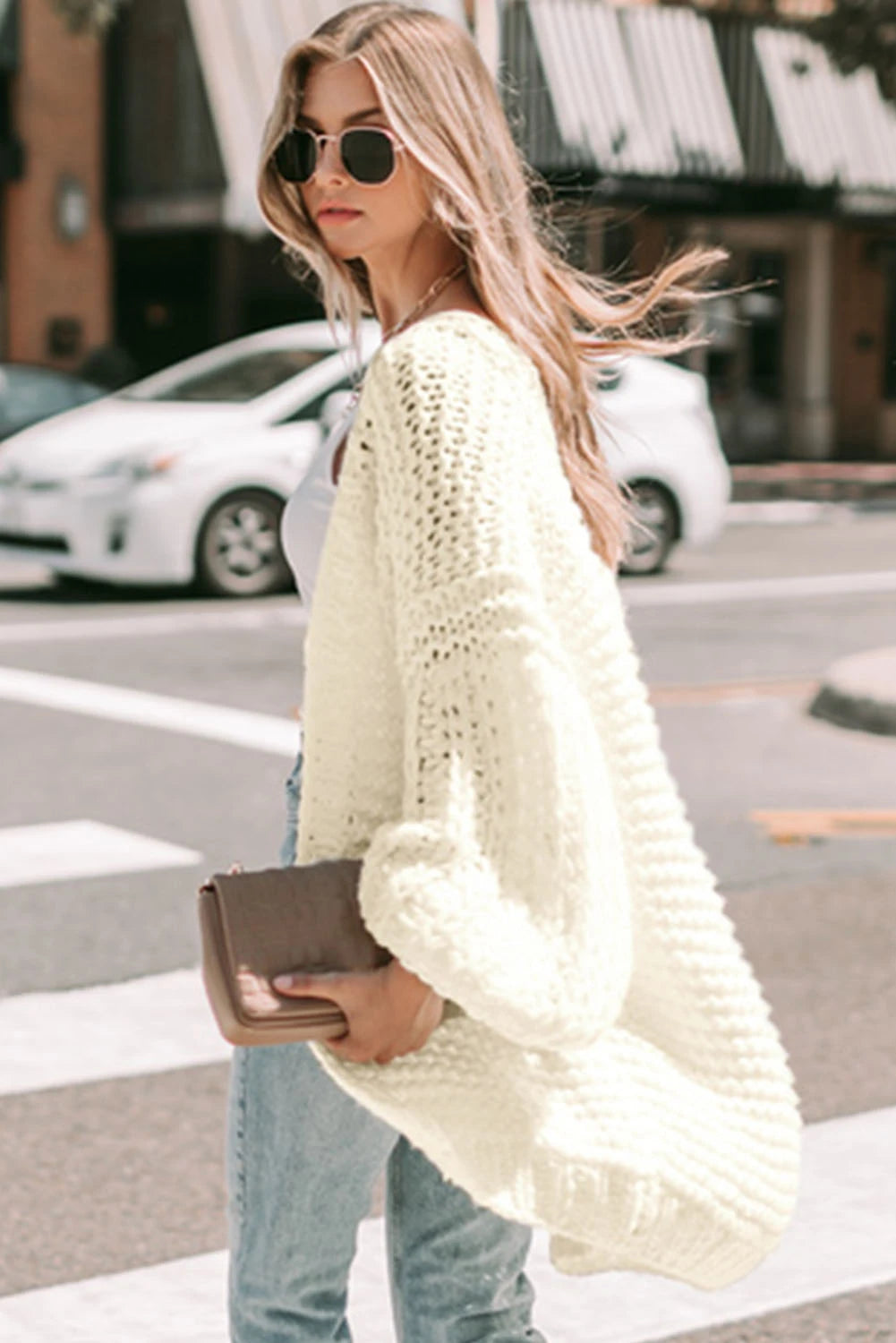 White Chunky Oversize Knit Drop Shoulder Puff Sleeve Cardigan