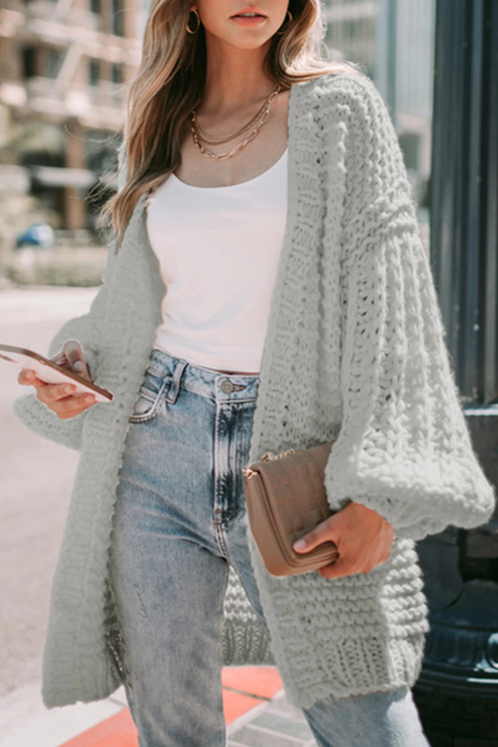 White Chunky Oversize Knit Drop Shoulder Puff Sleeve Cardigan