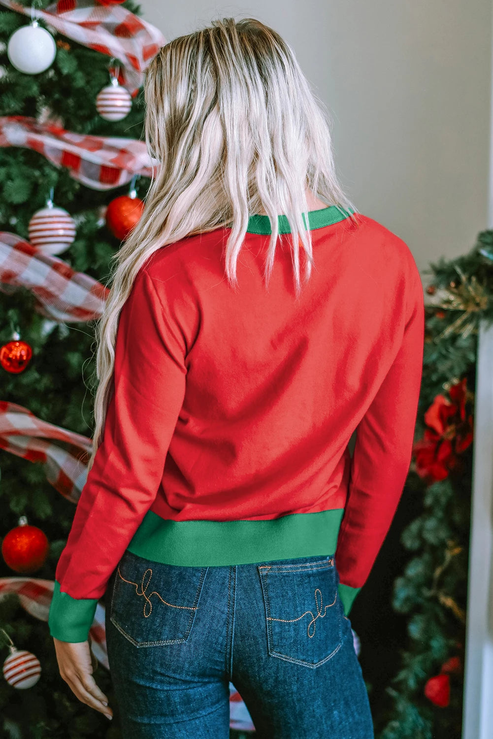 Fiery Red Tinsel Merry & Bright Graphic Contrast Trim Sweater