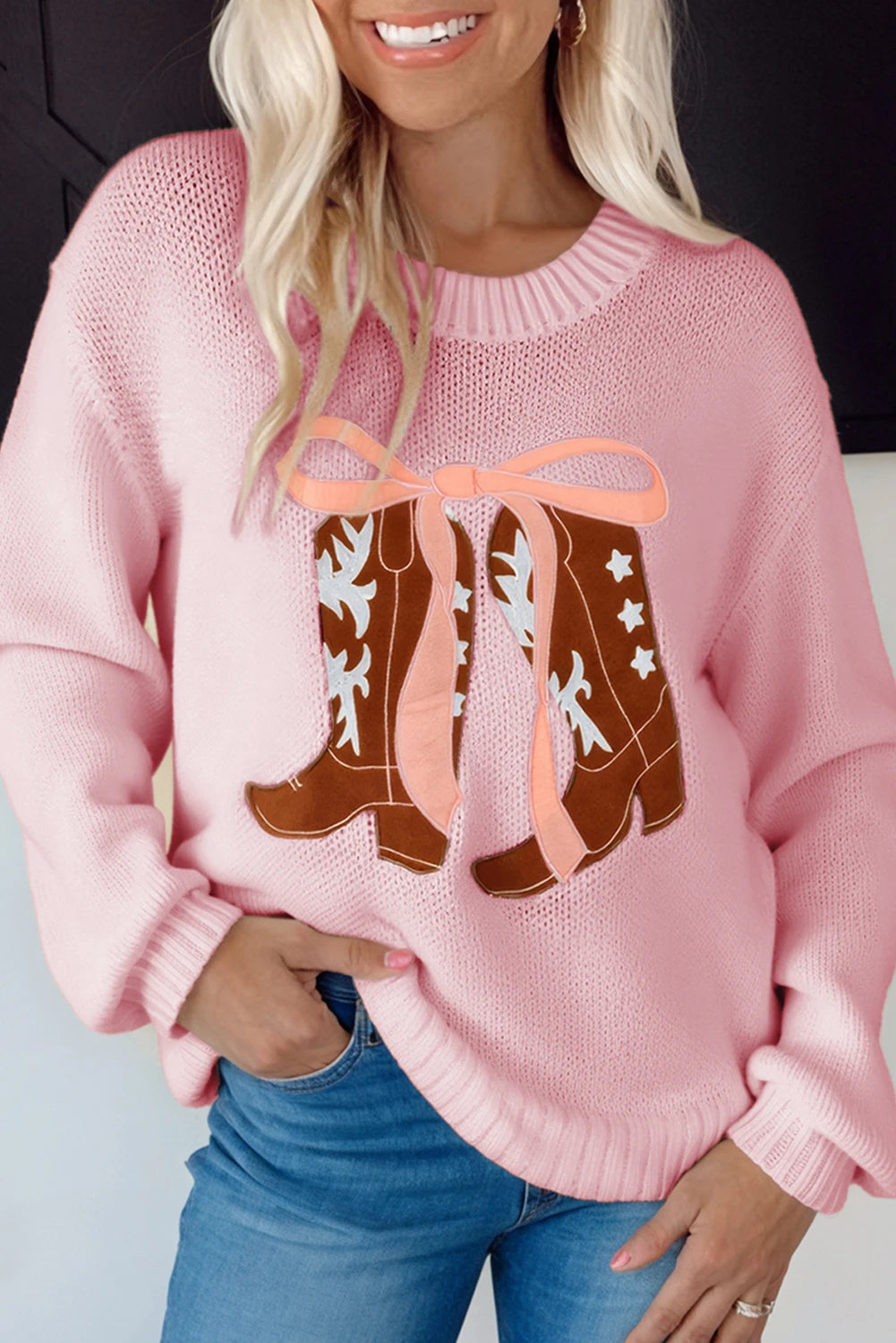White Embroidered Bow Boots Graphic Drop Shoulder Sweater