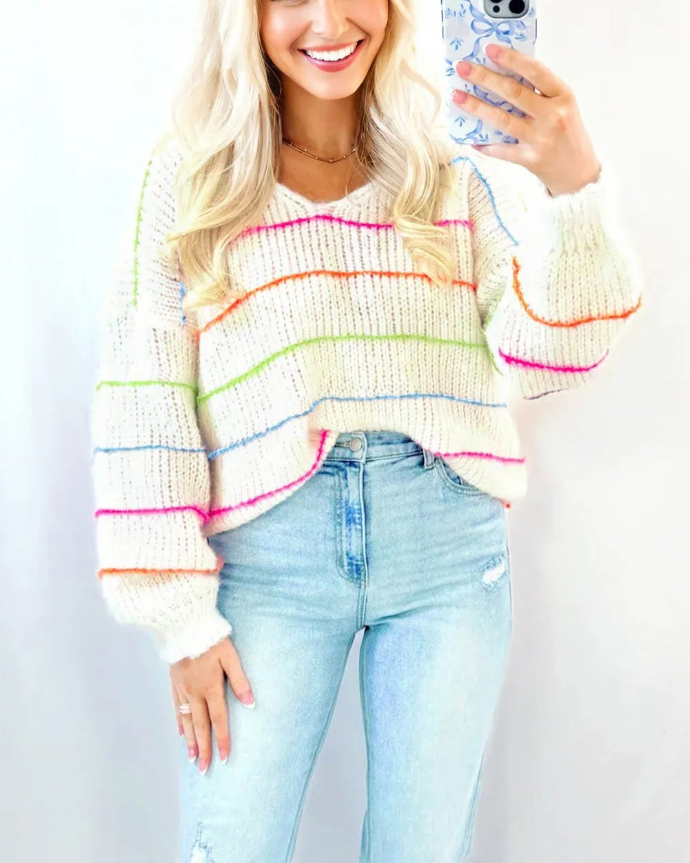 White Colorful Striped Detail V Neck Drop Shoulder Baggy Sweater