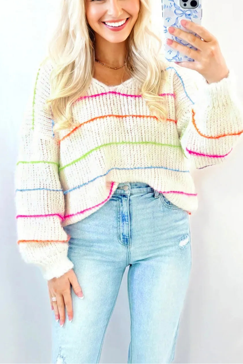 White Colorful Striped Detail V Neck Drop Shoulder Baggy Sweater