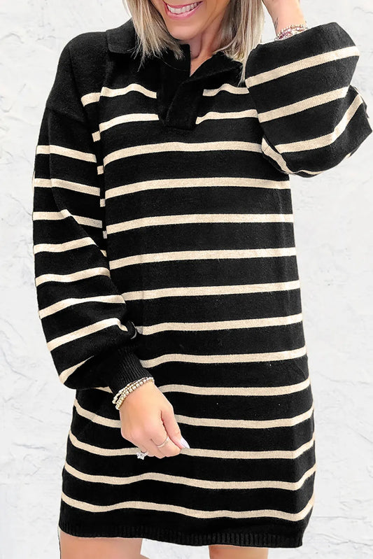 Black Stripe Polo Collar Puff Sleeve Sweater Mini Dress