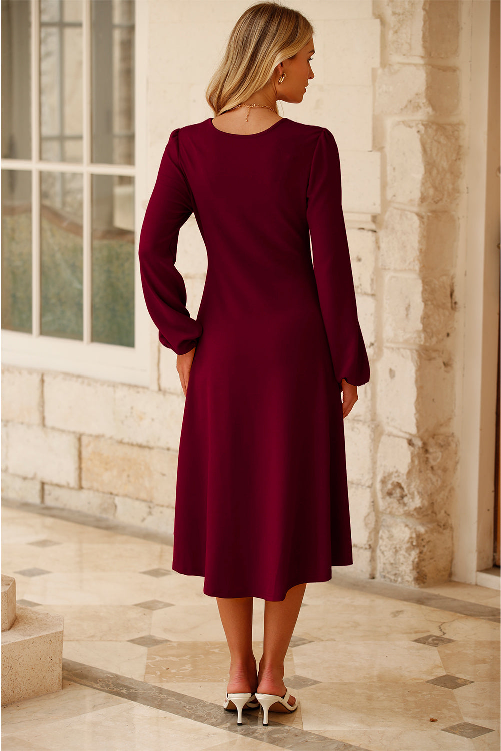 Solid Color Ruched Detail Long Sleeve Midi Dress