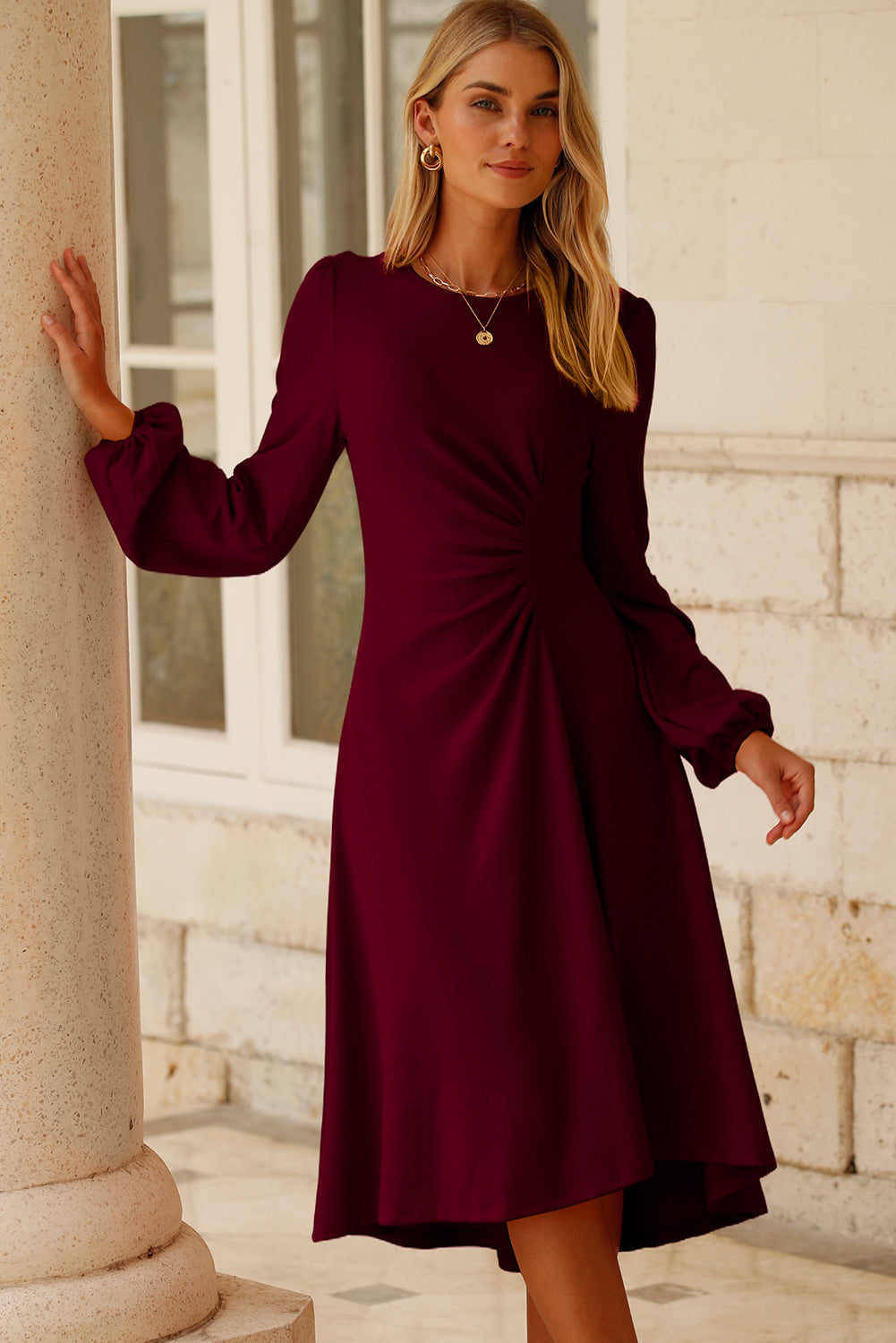 Solid Color Ruched Detail Long Sleeve Midi Dress