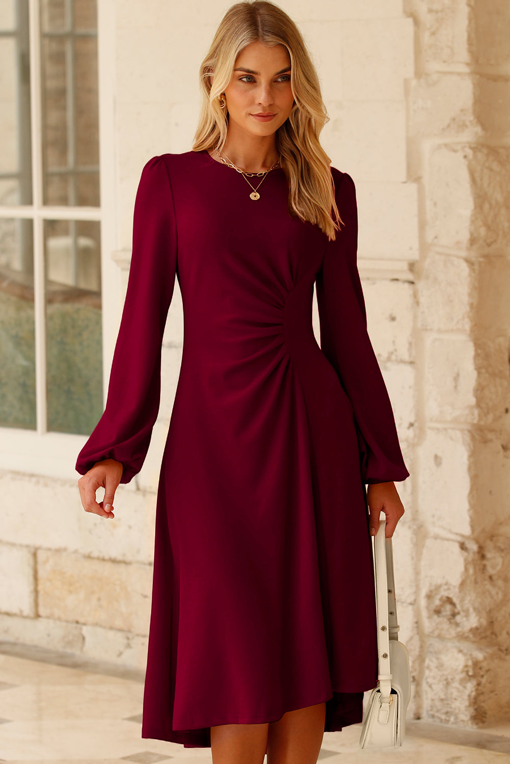 Solid Color Ruched Detail Long Sleeve Midi Dress