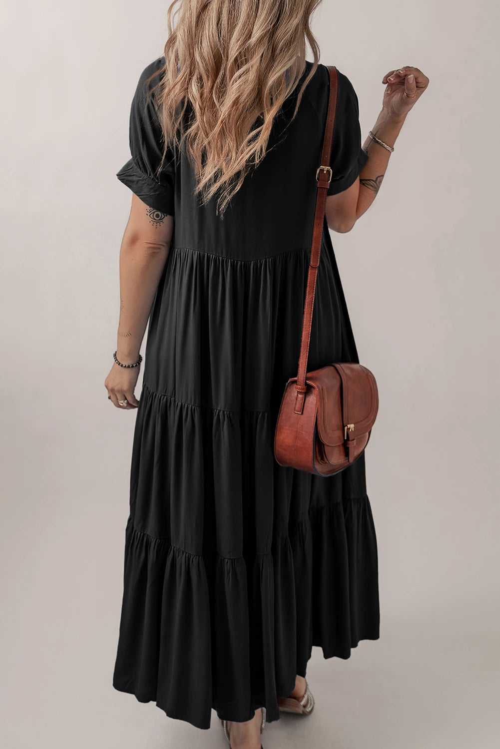 Black Hidden Buttons Short Sleeve Ruffle Tiered Long Flared Dress