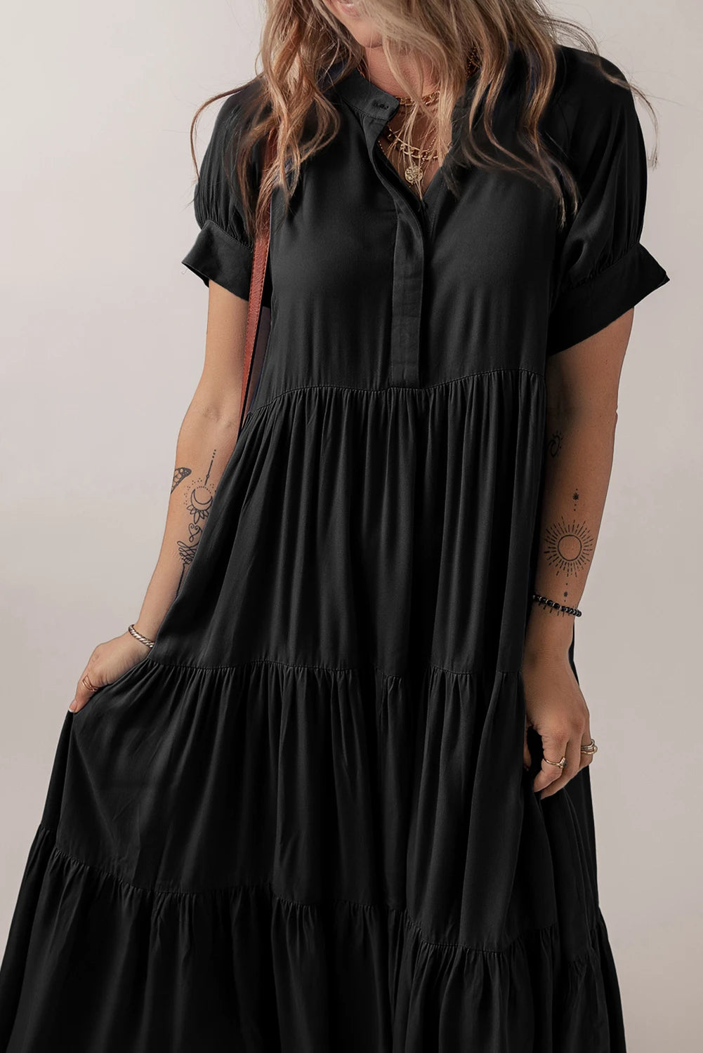 Black Hidden Buttons Short Sleeve Ruffle Tiered Long Flared Dress