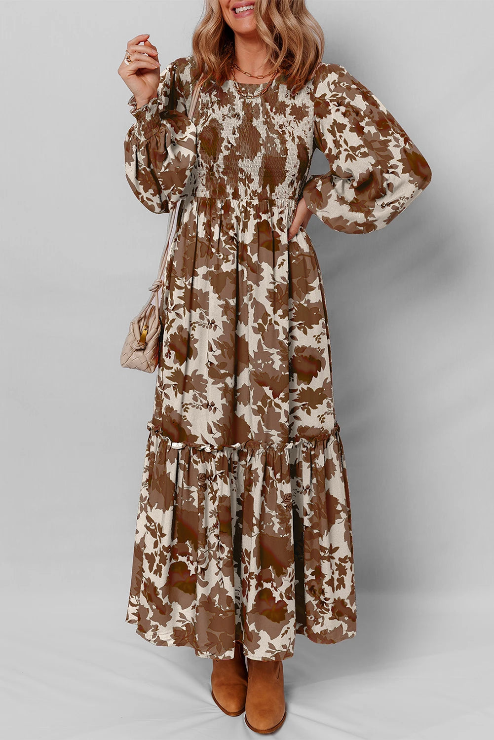 Orange Floral Puff Sleeve Smocked Bodice Ruffled Long Dress