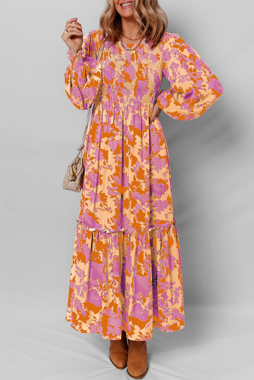 Orange Floral Puff Sleeve Smocked Bodice Ruffled Long Dress