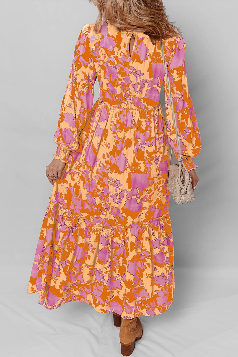 Orange Floral Puff Sleeve Smocked Bodice Ruffled Long Dress