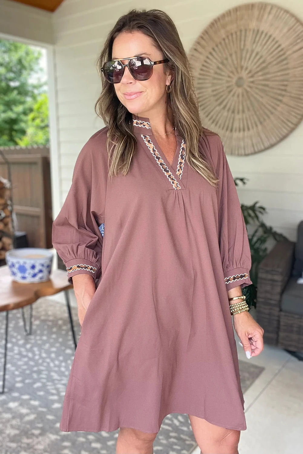 Black Contrast Trim V Neck Bracelet Sleeve Shift Mini Dress