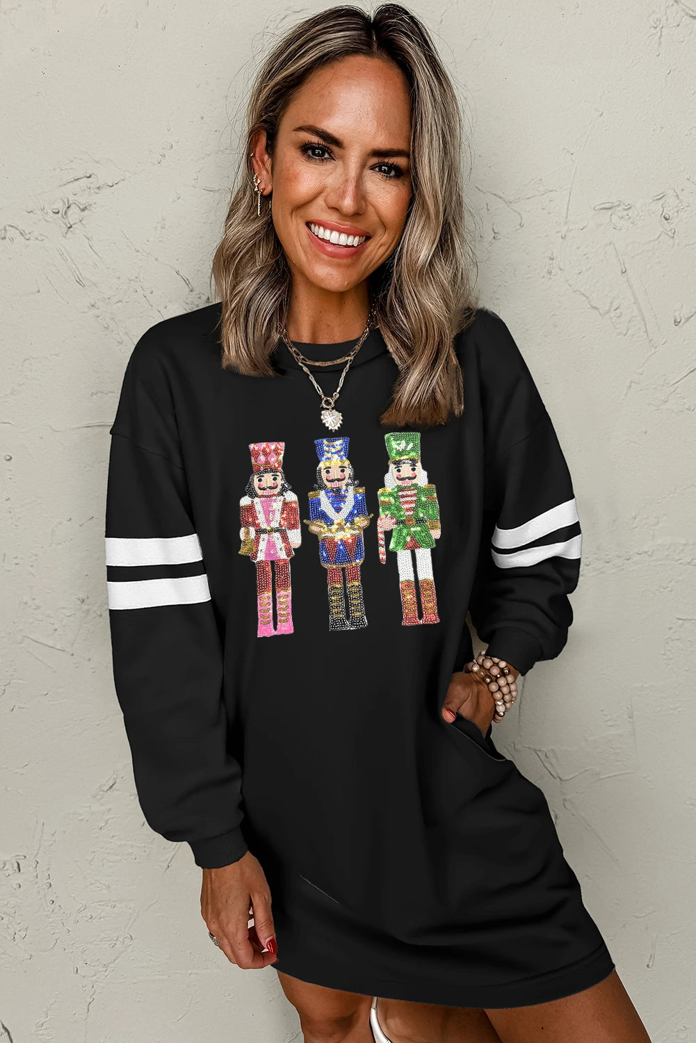Black Christmas Sequin Nutcracker-man Graphic Varsity Striped Sleeve Sweatshirt Dress