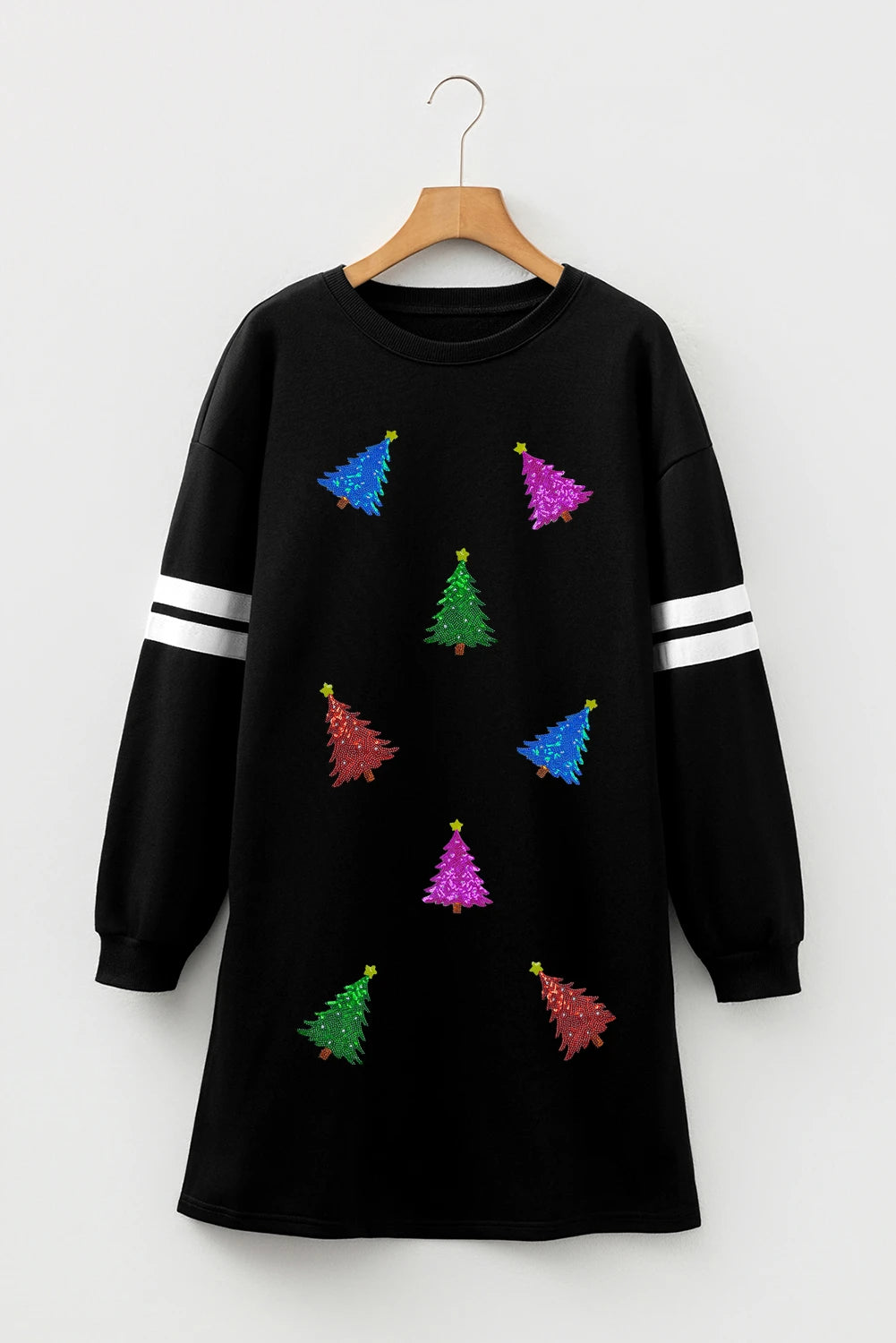 Black Colorful Sequin Christmas Tree Patched Varsity Sweatshirt Dress