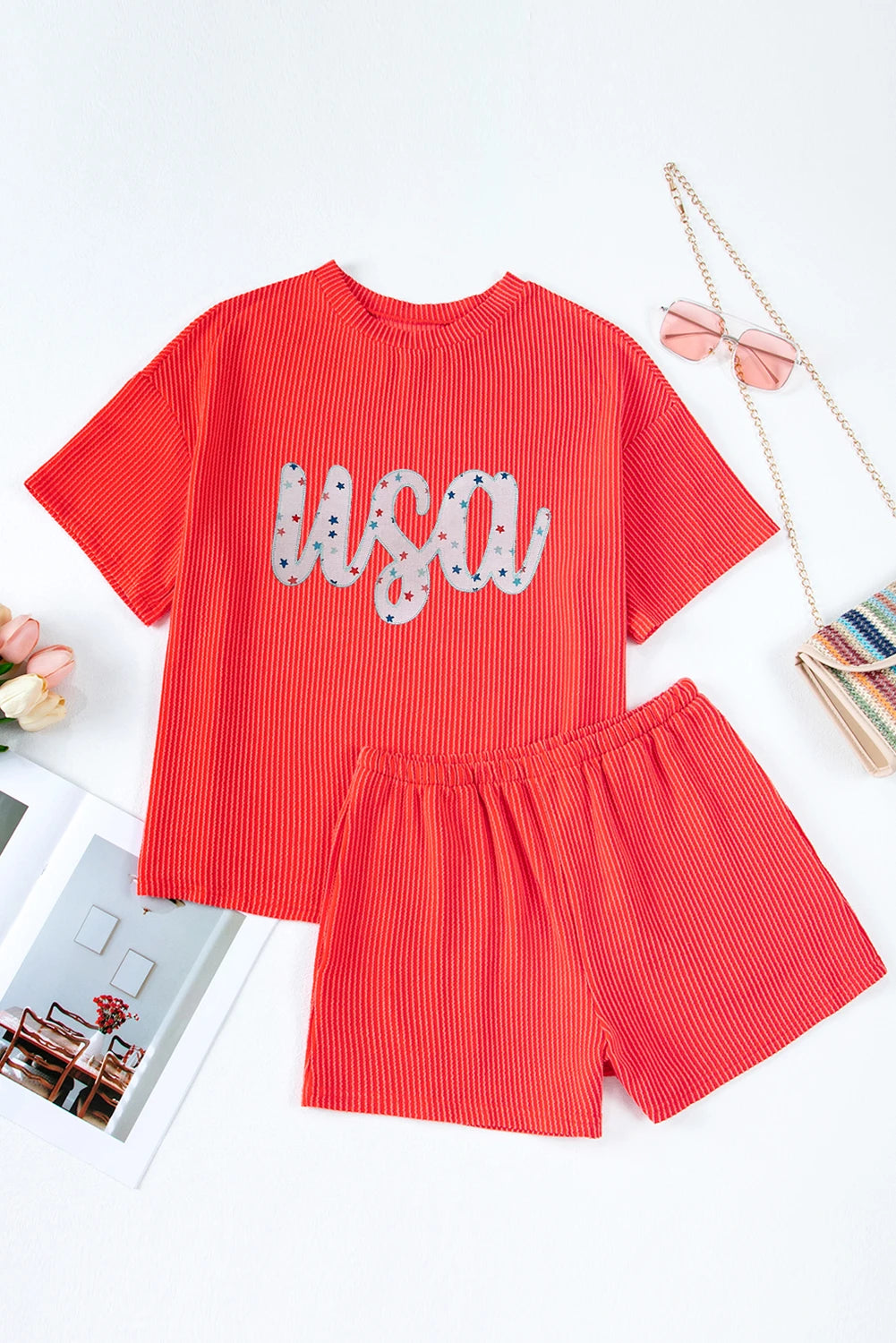 Orange Star USA Embroidered Corded T Shirt and Shorts Set