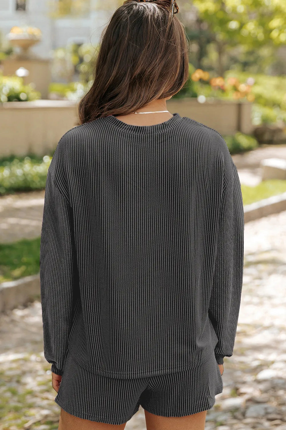 Carbon Grey Thankful Letter Patched Sequin Bow Sleeve Twisted Ribbed Short Set