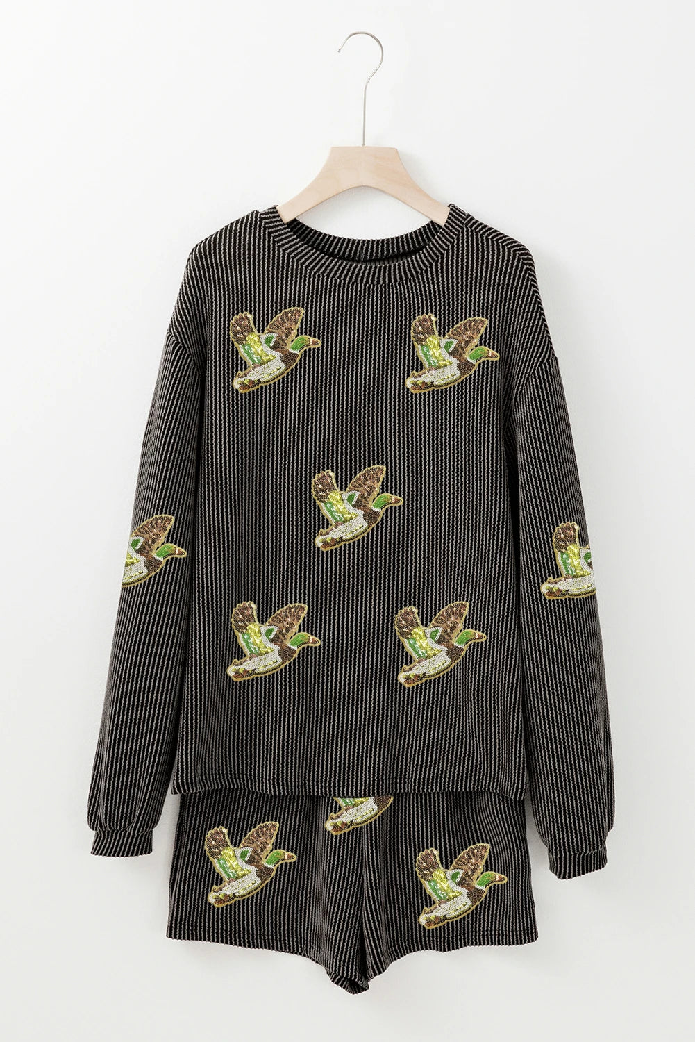 Carbon Grey Ribbed Long Sleeve Top and Shorts Flying Mallard Sequin Patched Graphic Set