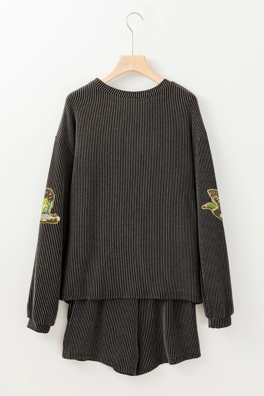 Carbon Grey Ribbed Long Sleeve Top and Shorts Flying Mallard Sequin Patched Graphic Set