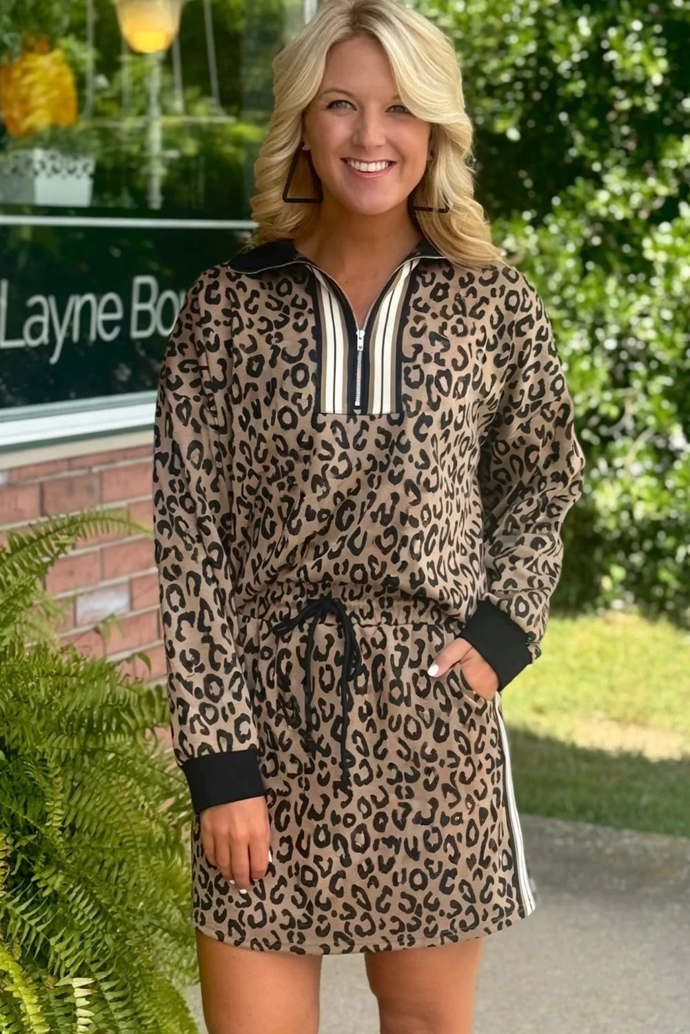 Khaki Leopard Print Quarter Zip Long Sleeve Top Drawstring Mini Skirt Varsity 2pcs Set