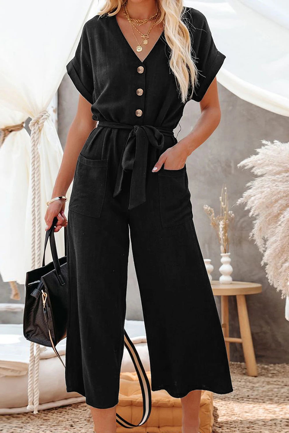 Black Dolman Button Belted V Neck Wide Leg Pocketed Jumpsuit