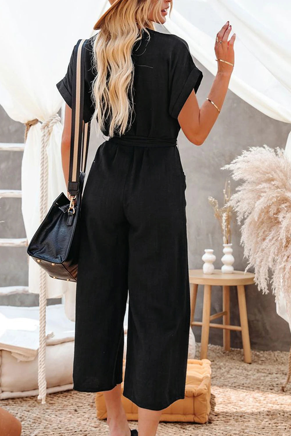 Black Dolman Button Belted V Neck Wide Leg Pocketed Jumpsuit