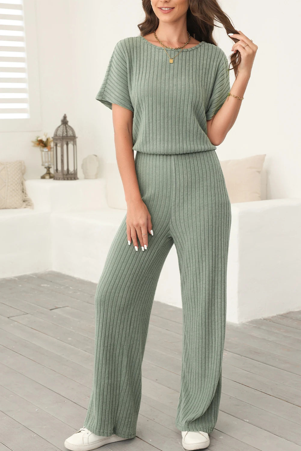 Black Ribbed Keyhole Short Sleeve Wide Leg Jumpsuit