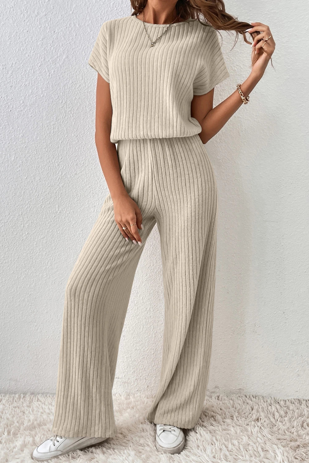 Black Ribbed Keyhole Short Sleeve Wide Leg Jumpsuit