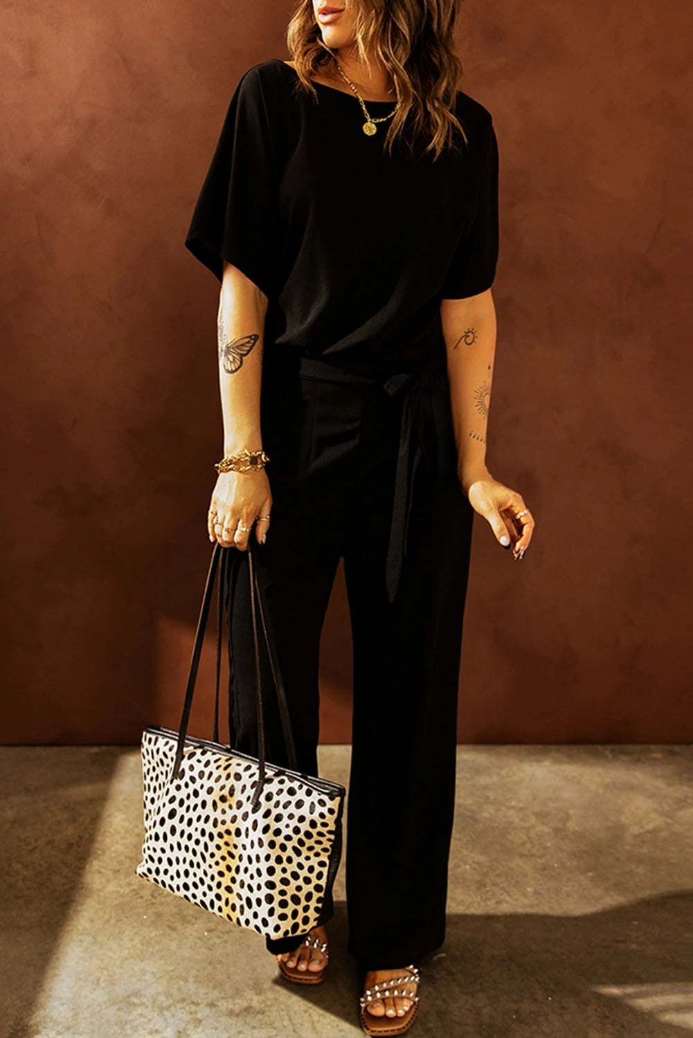 Black Dolman Sleeve Belted Straight Leg Jumpsuit